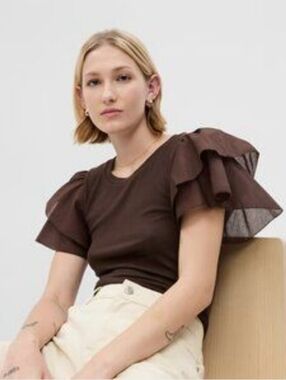 GAP Chocolate Brown Whimsical  Flutter-Sleeve Ribbed Tee